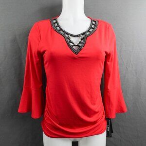 A Byer Womens Top Small Red Beaded Rhinestone Retro Glam Statement NEW